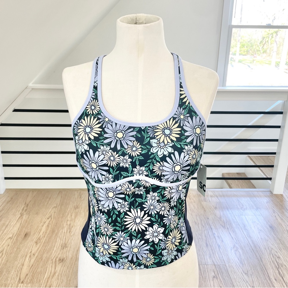 S, M black, blue, green and yellow, athletic razorback, floral print top